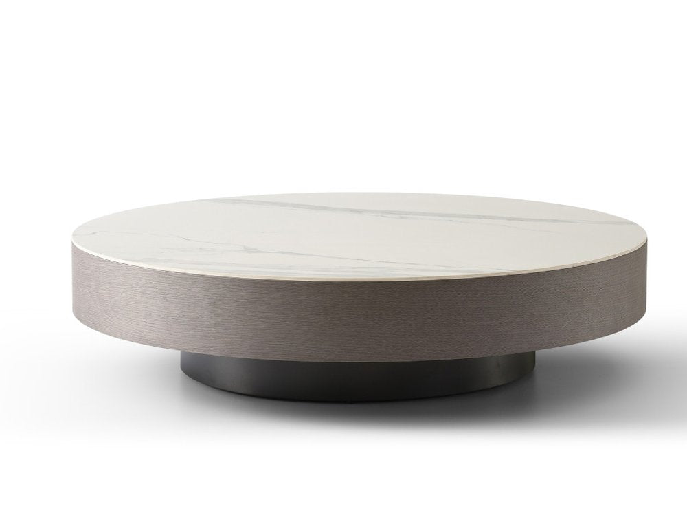 41" White and Gray Ceramic Tile and Wood Round Pedestal Coffee Table HomeRoots