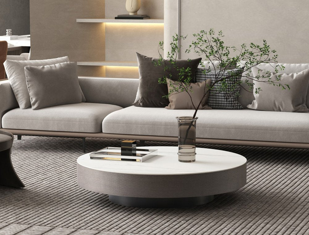 41" White and Gray Ceramic Tile and Wood Round Pedestal Coffee Table HomeRoots