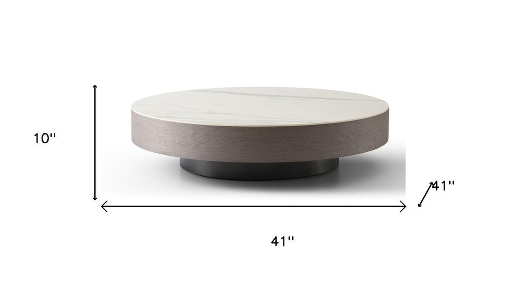 41" White and Gray Ceramic Tile and Wood Round Pedestal Coffee Table HomeRoots