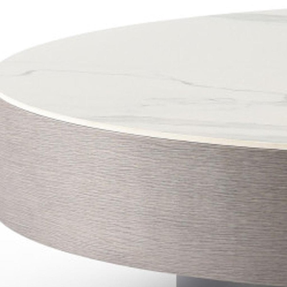 41" White and Gray Ceramic Tile and Wood Round Pedestal Coffee Table HomeRoots