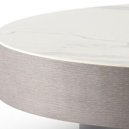 41" White and Gray Ceramic Tile and Wood Round Pedestal Coffee Table HomeRoots