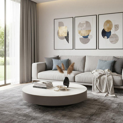 41" White and Gray Ceramic Tile and Wood Round Pedestal Coffee Table HomeRoots