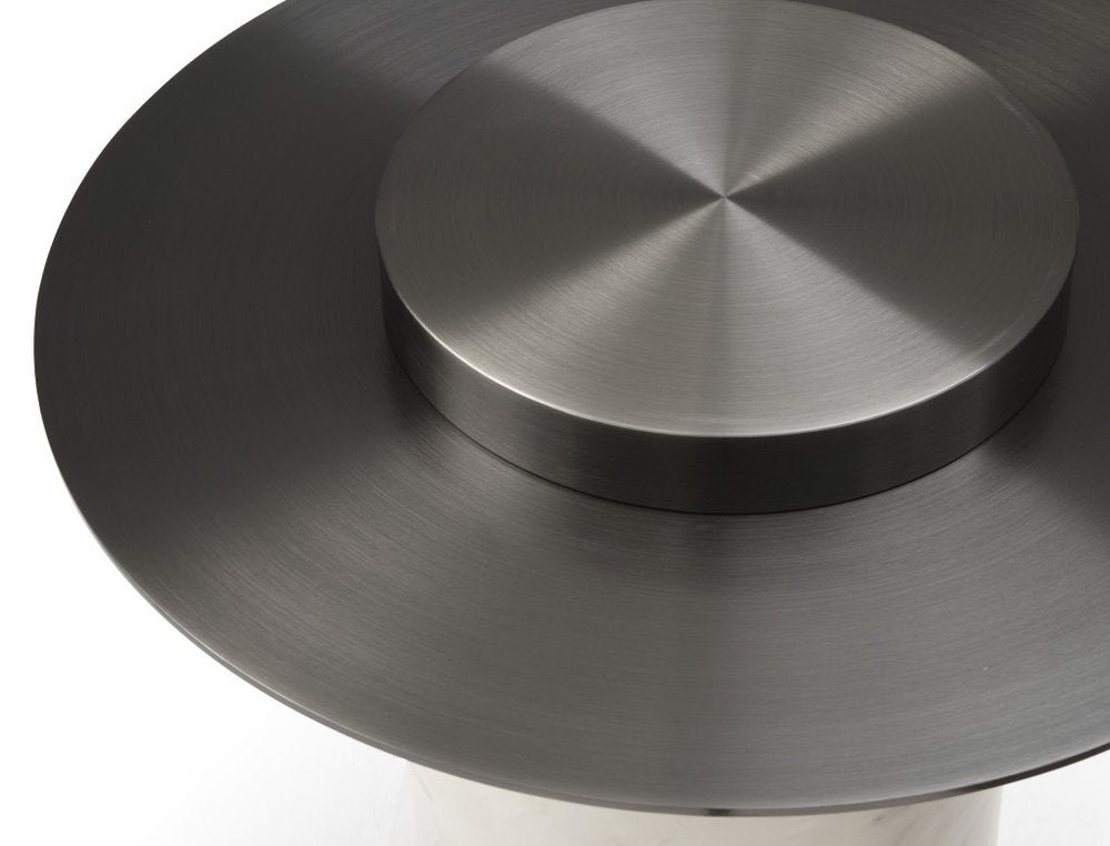 39" Gunmetal and White Faux Marble Glass and Stainless Steel Round Pedestal Coffee Table HomeRoots