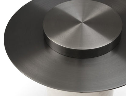 39" Gunmetal and White Faux Marble Glass and Stainless Steel Round Pedestal Coffee Table HomeRoots