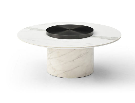 39" Gunmetal and White Faux Marble Glass and Stainless Steel Round Pedestal Coffee Table