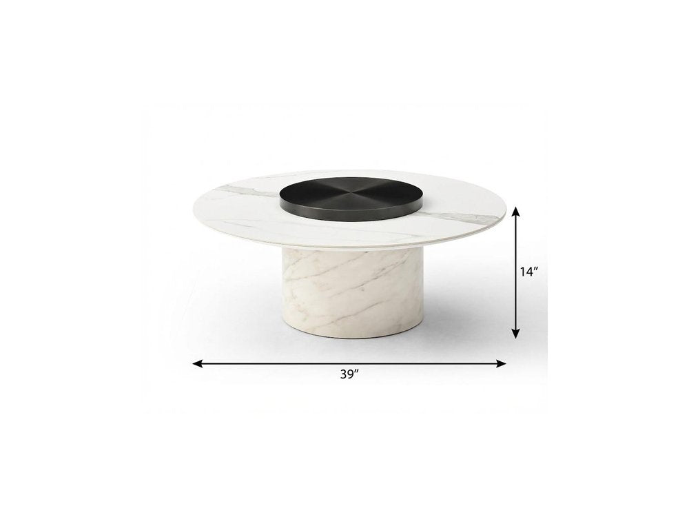 39" Gunmetal and White Faux Marble Glass and Stainless Steel Round Pedestal Coffee Table — view 6