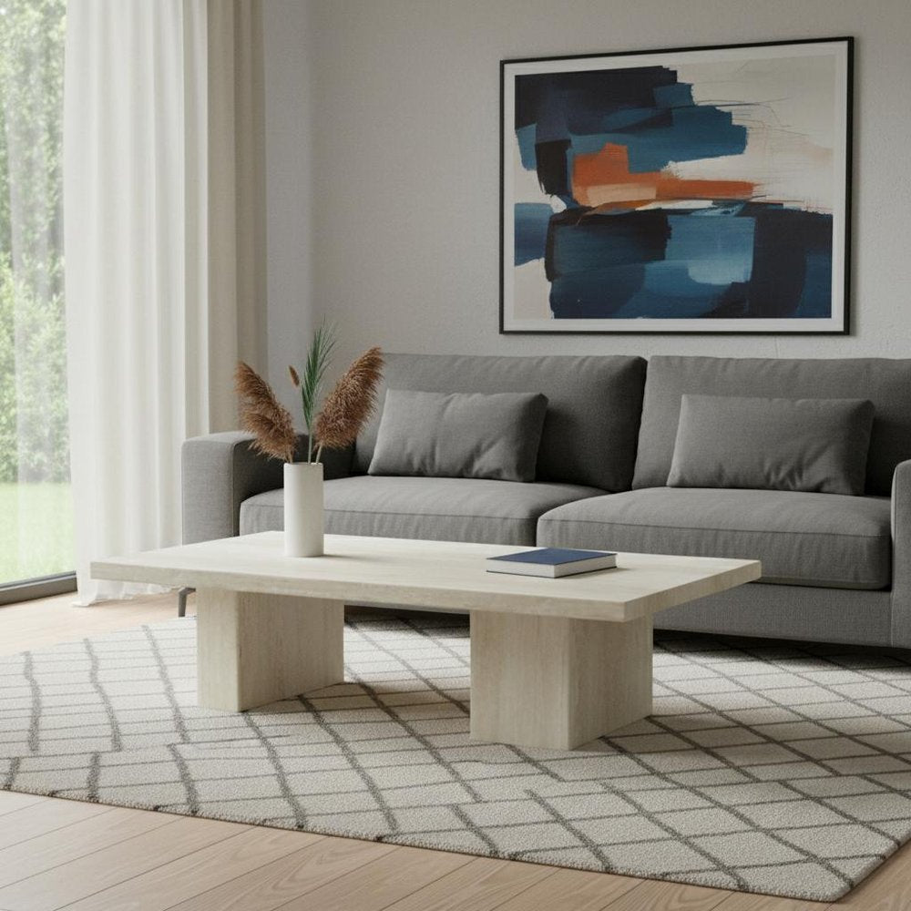 55" Beige Marble Double Pedestal Coffee Table HomeRoots
