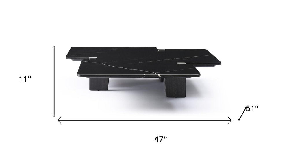 47" Black Genuine Marble and Solid Wood Free Form Coffee Table HomeRoots