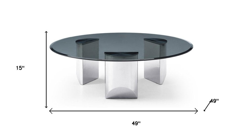 49" Black and Silver Mirrored Glass and Stainless Steel Round Coffee Table HomeRoots