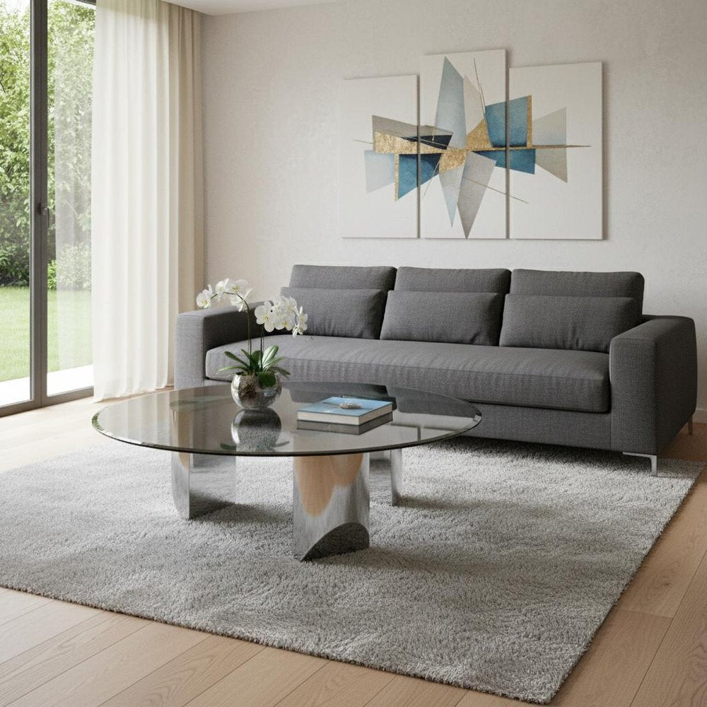49" Black and Silver Mirrored Glass and Stainless Steel Round Coffee Table HomeRoots