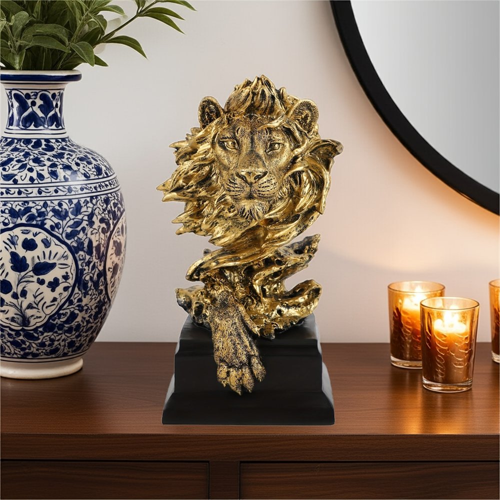 13" Antiqued Gold Resin Lion Hand Painted Tabletop Sculpture HomeRoots