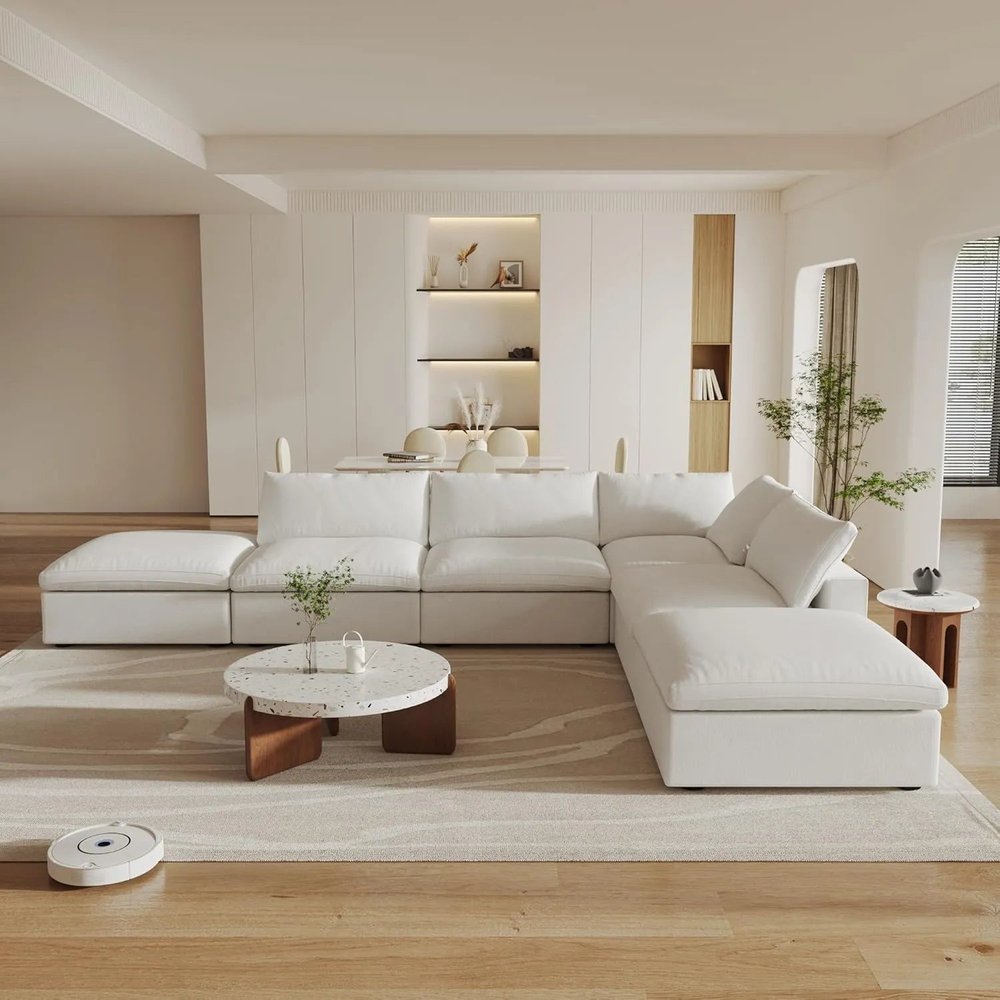 160" White Linen Blend Modular Armless Sofa With Ottomans And Storage HomeRoots