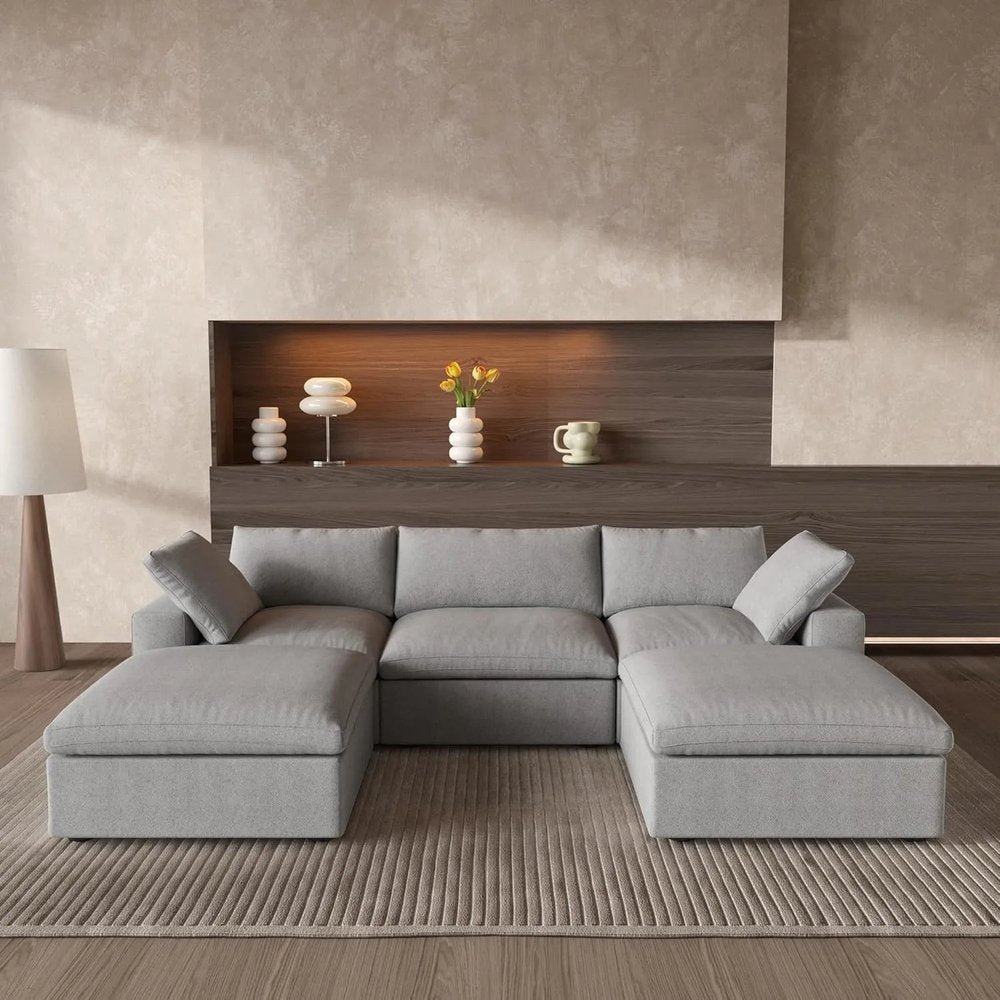 120" Light Gray Linen Blend Modular Universal Sofa With Ottoman And Storage HomeRoots