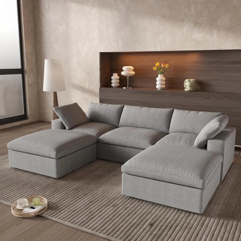 120" Light Gray Linen Blend Modular Universal Sofa With Ottoman And Storage HomeRoots