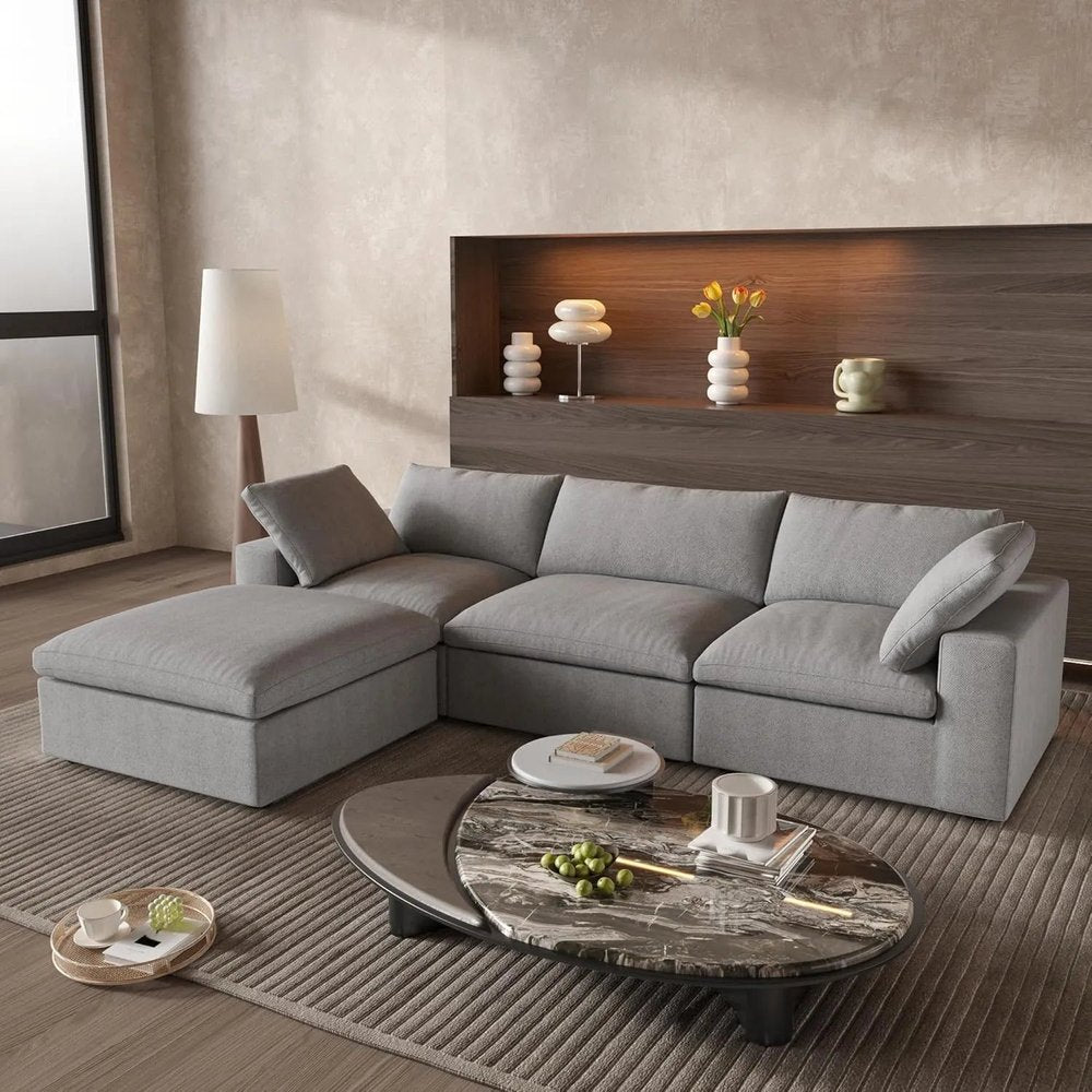 120" Light Gray Linen Blend Modular Universal Sofa With Ottoman And Storage HomeRoots