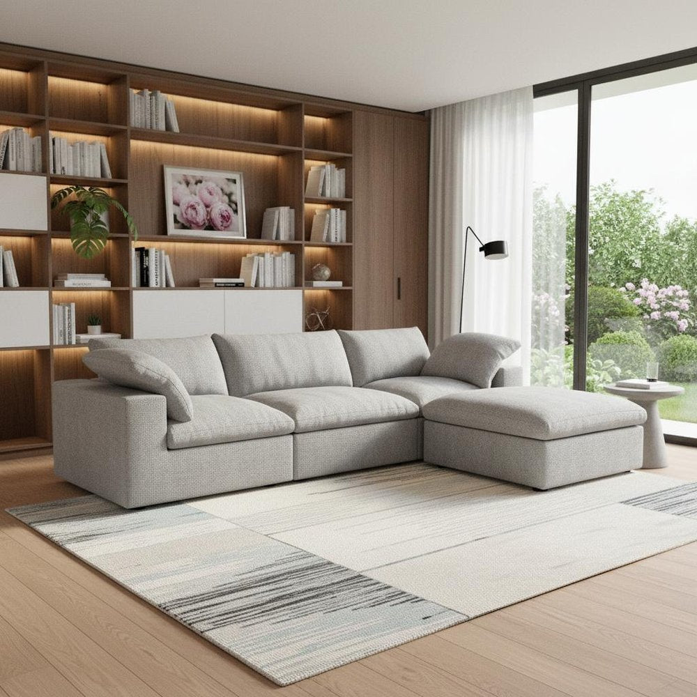 120" Light Gray Linen Blend Modular Universal Sofa With Ottoman And Storage HomeRoots