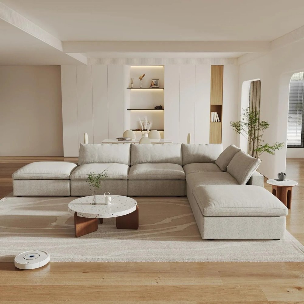160" Khaki Linen Blend Modular Armless Sofa With Ottomans Toss Pillows And Storage HomeRoots