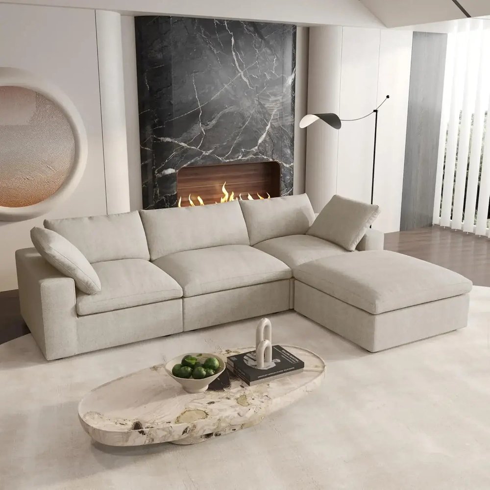 Khaki Linen Blend Modular L Shaped Four Piece Corner Sectional With Toss Pillows HomeRoots