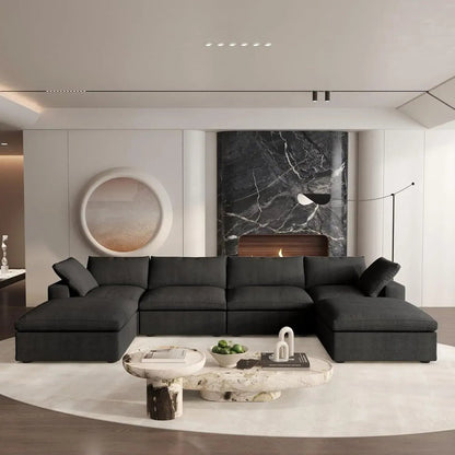 160" Black Linen Blend Modular Sofa With Ottomans Toss Pillows And Storage HomeRoots