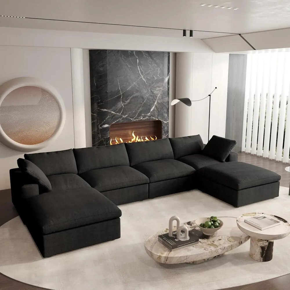 160" Black Linen Blend Modular Sofa With Ottomans Toss Pillows And Storage HomeRoots