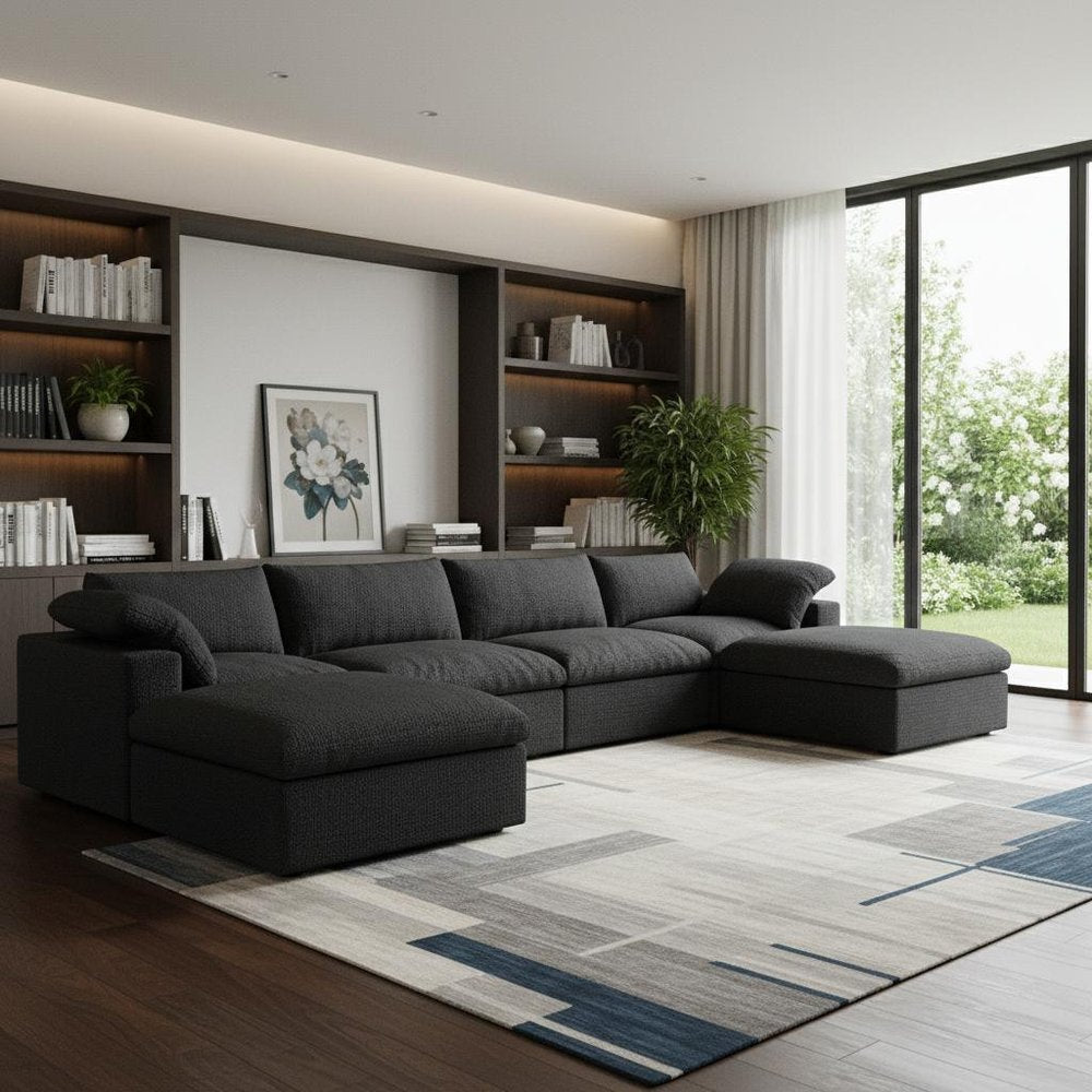 160" Black Linen Blend Modular Sofa With Ottomans Toss Pillows And Storage HomeRoots