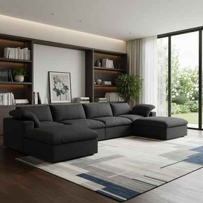 160" Black Linen Blend Modular Sofa With Ottomans Toss Pillows And Storage HomeRoots