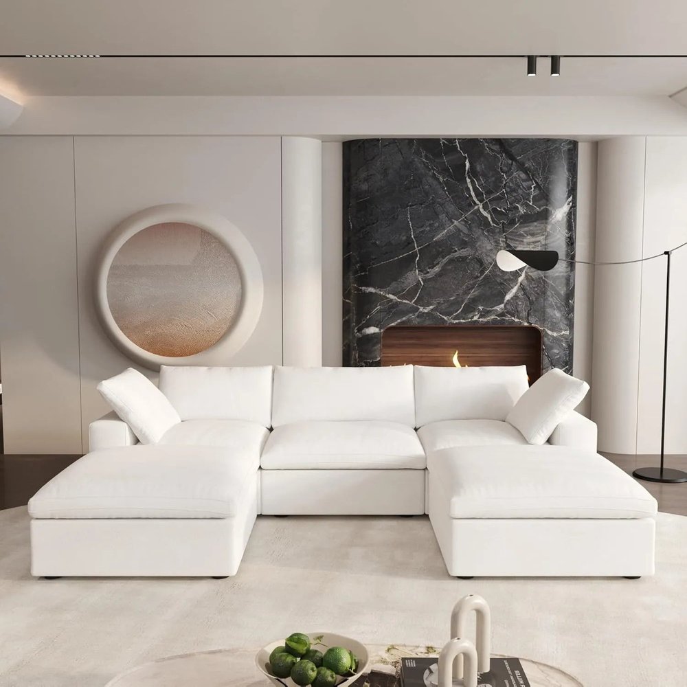 120" White Linen Blend Modular Universal Sofa With Ottoman And Storage HomeRoots