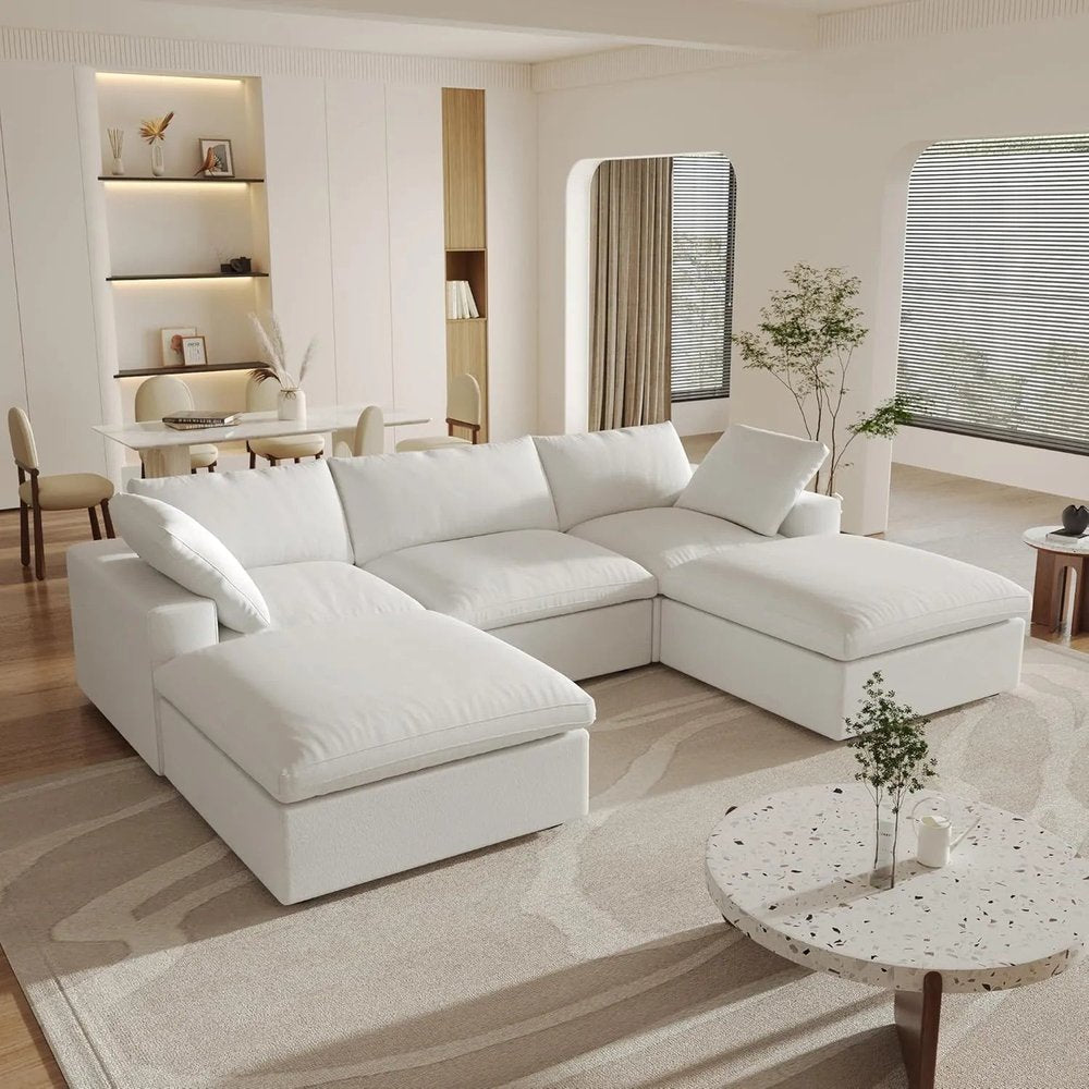 120" White Linen Blend Modular Universal Sofa With Ottoman And Storage HomeRoots