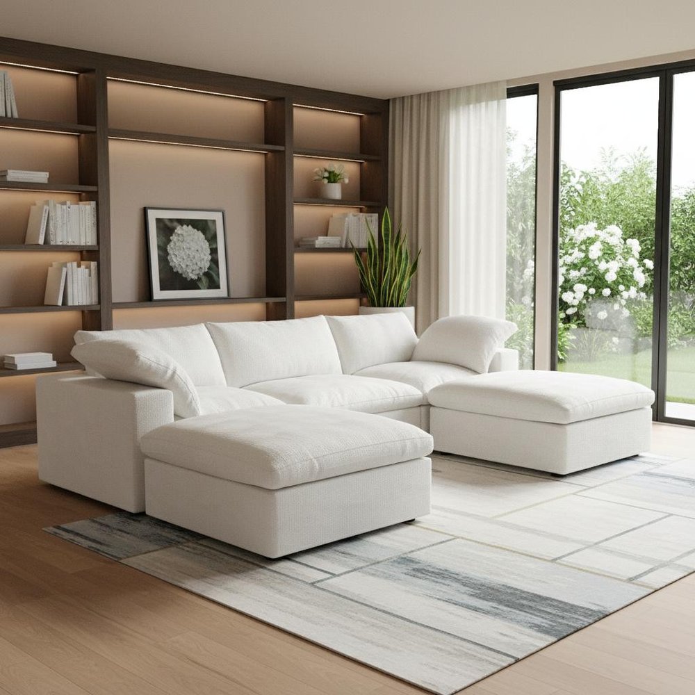 120" White Linen Blend Modular Universal Sofa With Ottoman And Storage HomeRoots