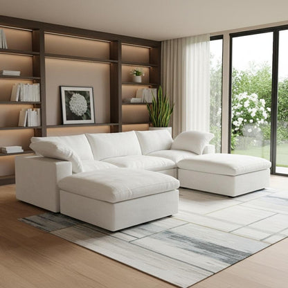 120" White Linen Blend Modular Universal Sofa With Ottoman And Storage HomeRoots
