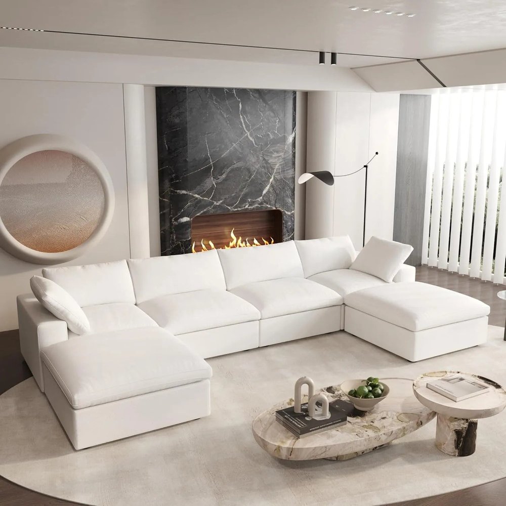 160" White Linen Blend Modular Sofa With Ottomans Toss Pillows And Storage HomeRoots