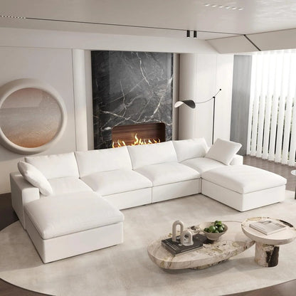 160" White Linen Blend Modular Sofa With Ottomans Toss Pillows And Storage HomeRoots