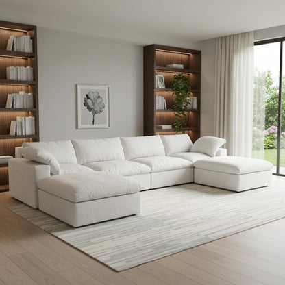 160" White Linen Blend Modular Sofa With Ottomans Toss Pillows And Storage HomeRoots
