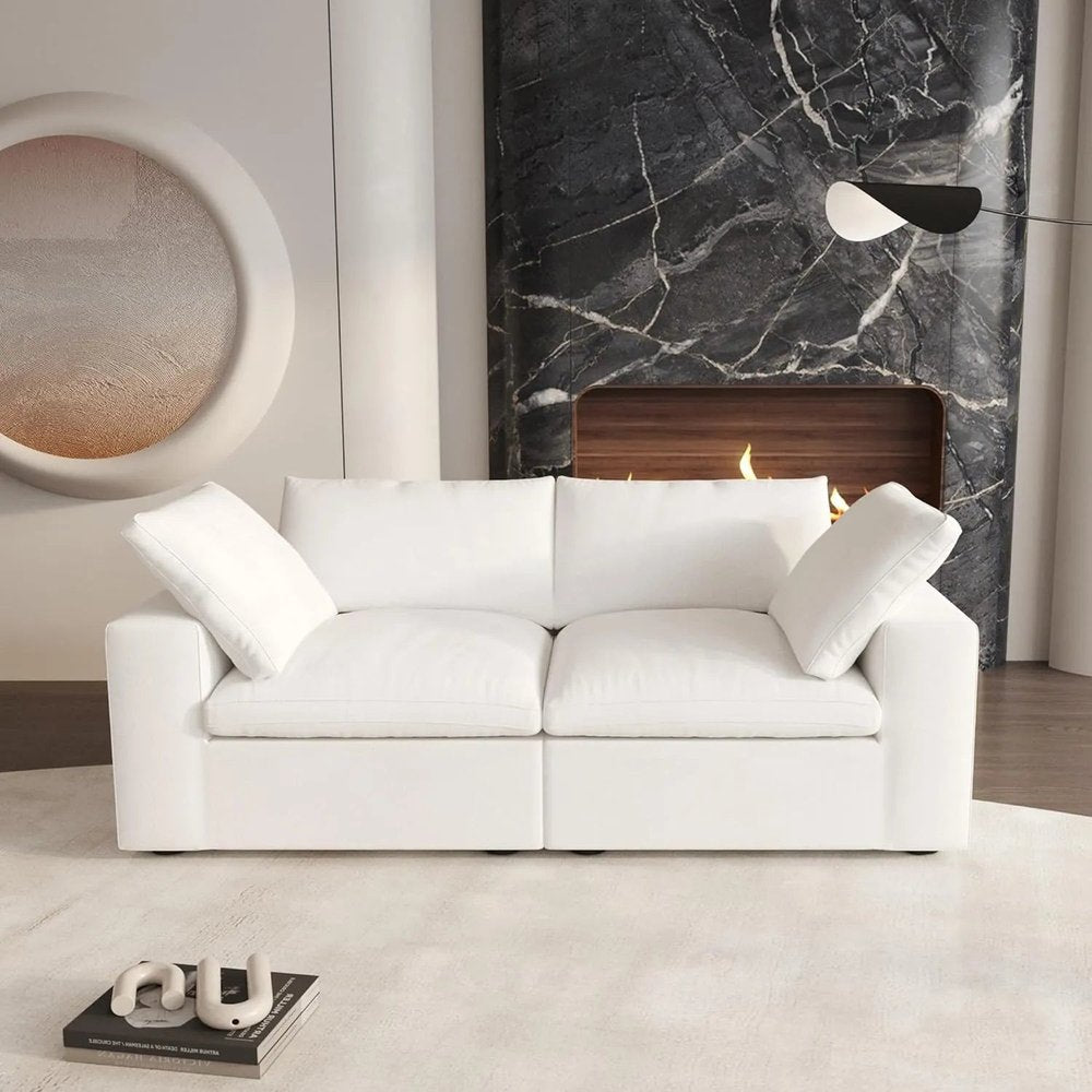 80" White Linen Blend Modular Loveseat and Toss Pillows HomeRoots