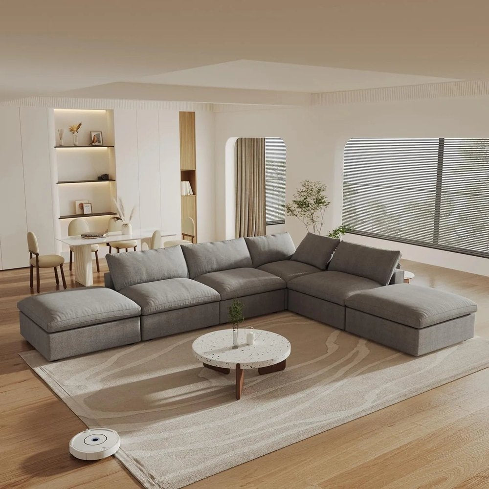 160" Light Gray Linen Blend Modular Armless Sofa With Ottomans And Storage HomeRoots