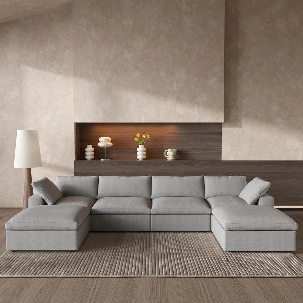 160" Light Gray Linen Blend Modular Sofa With Ottomans Toss Pillows And Storage HomeRoots