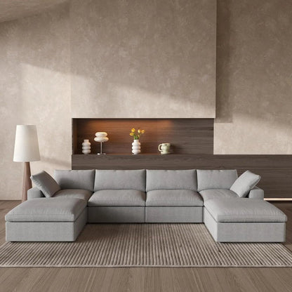 160" Light Gray Linen Blend Modular Sofa With Ottomans Toss Pillows And Storage HomeRoots