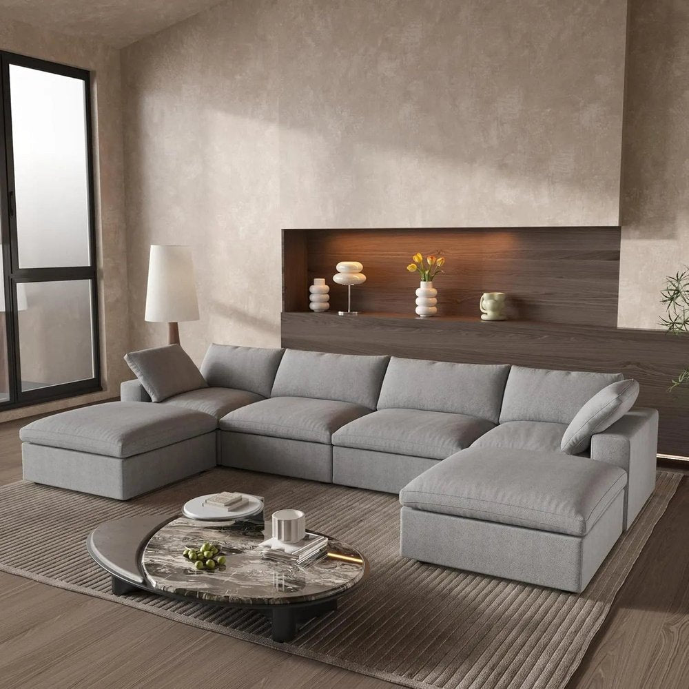 160" Light Gray Linen Blend Modular Sofa With Ottomans Toss Pillows And Storage HomeRoots