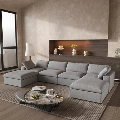 160" Light Gray Linen Blend Modular Sofa With Ottomans Toss Pillows And Storage HomeRoots