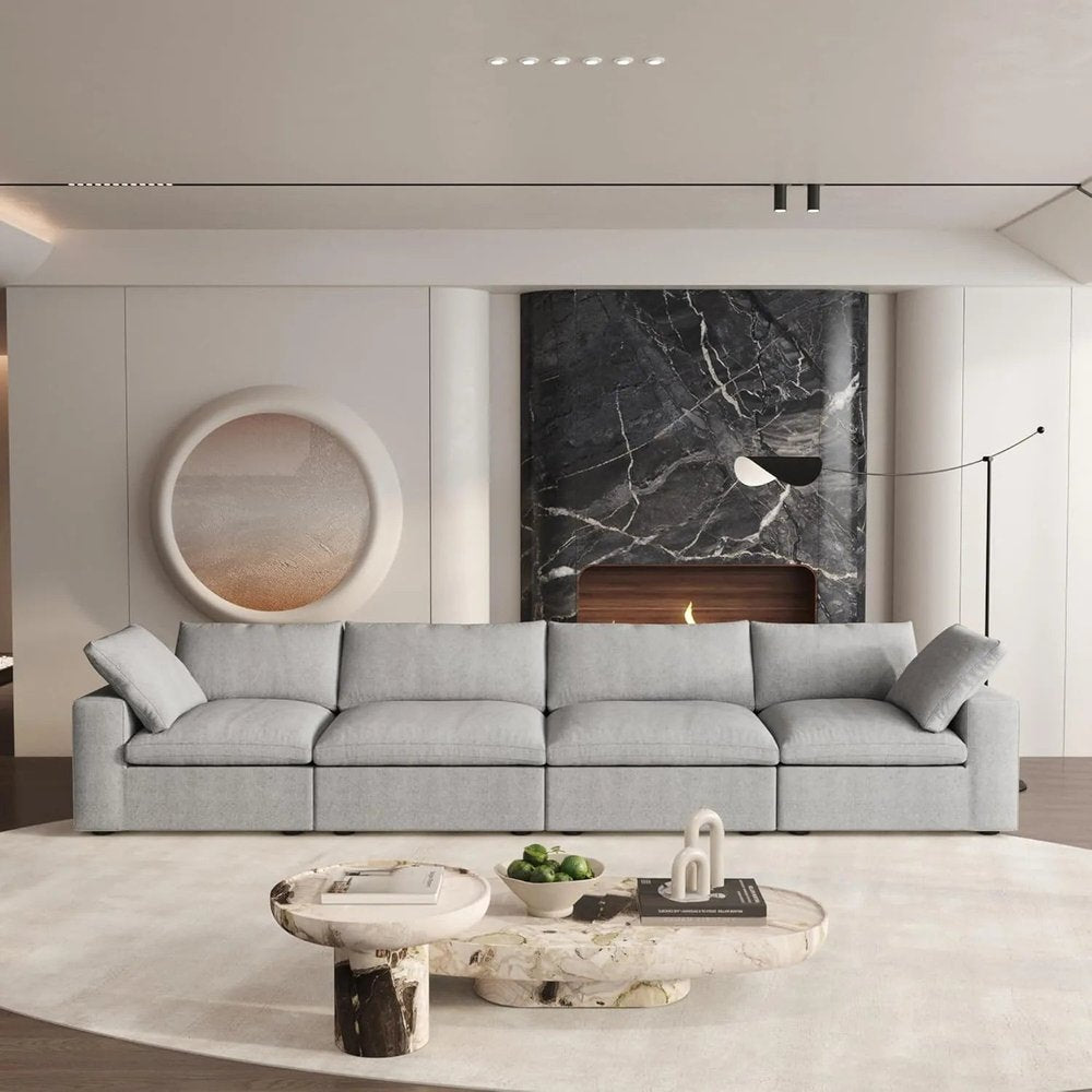 160" Light Gray Linen Blend Modular Sofa With Toss Pillows HomeRoots