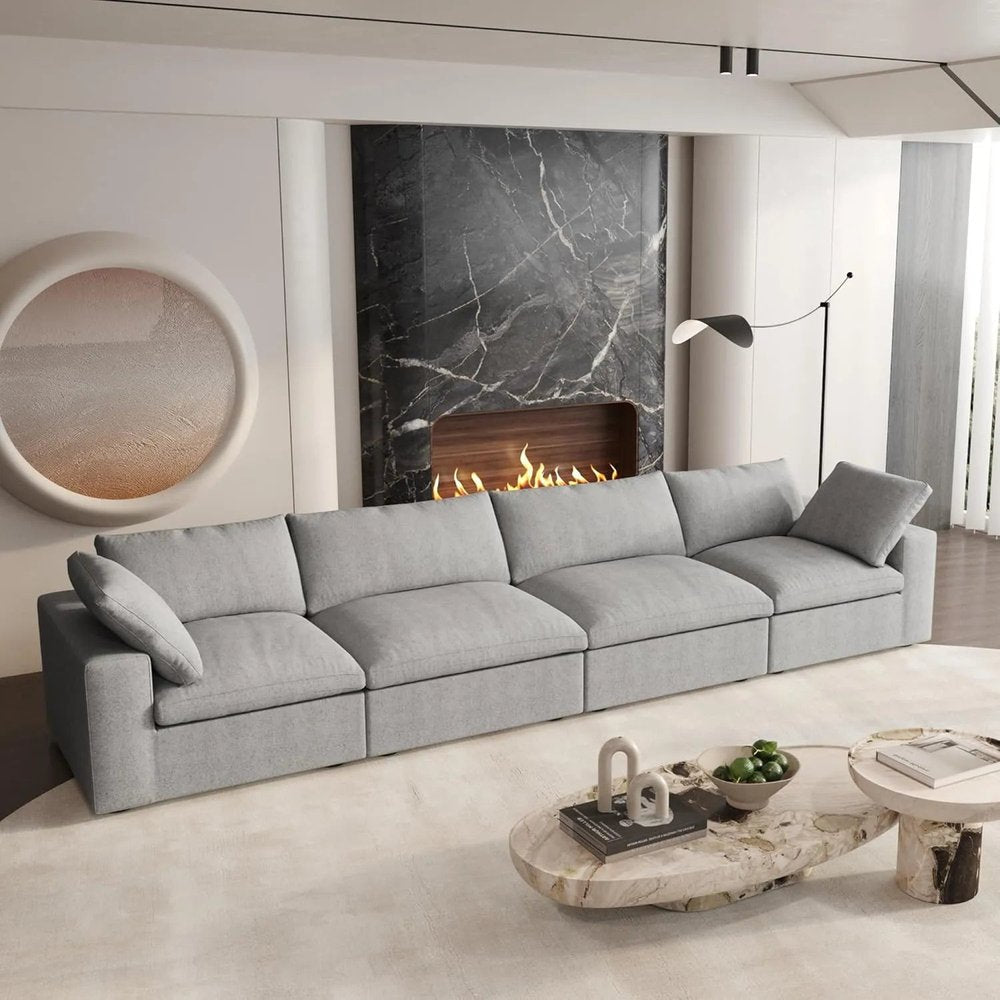 160" Light Gray Linen Blend Modular Sofa With Toss Pillows HomeRoots