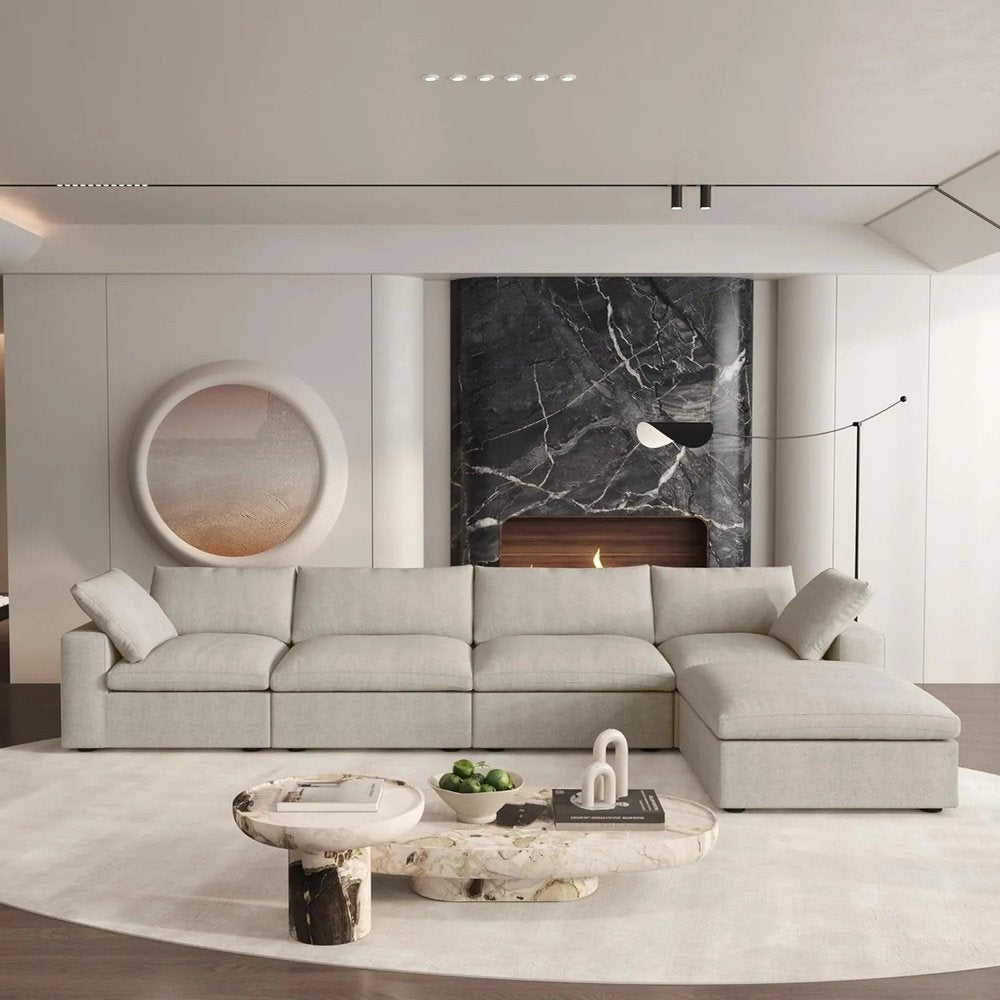 160" Khaki Linen Blend Modular Sofa With Ottoman And Toss Pillows HomeRoots