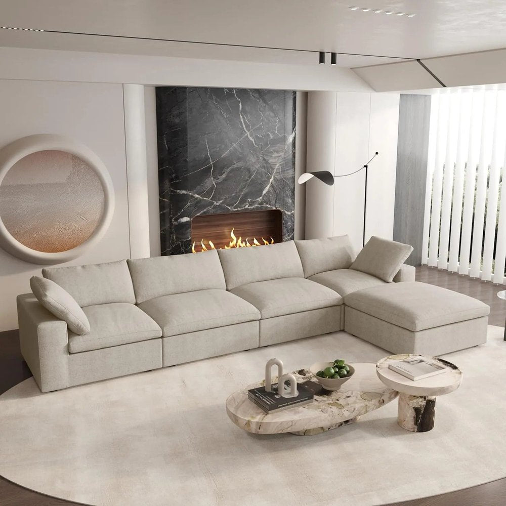 160" Khaki Linen Blend Modular Sofa With Ottoman And Toss Pillows HomeRoots