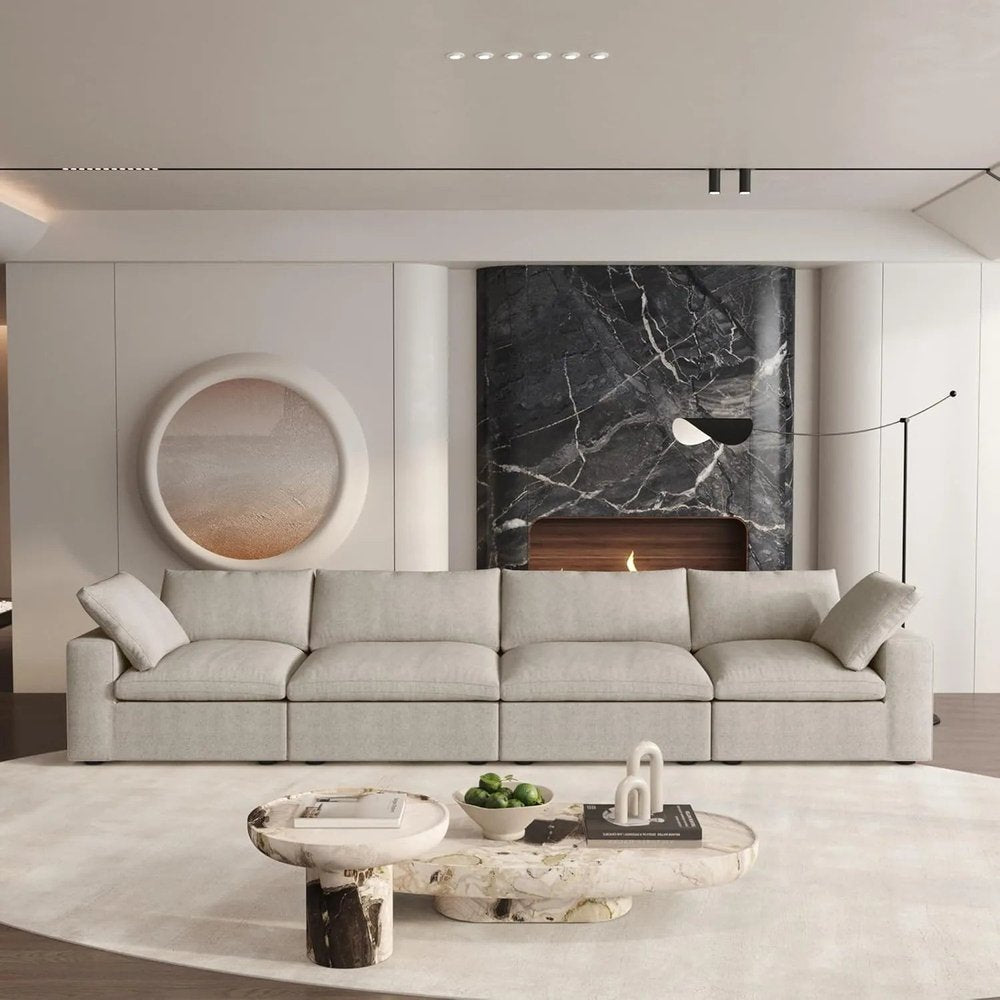 160" Khaki Linen Blend Modular Sofa With Toss Pillows HomeRoots