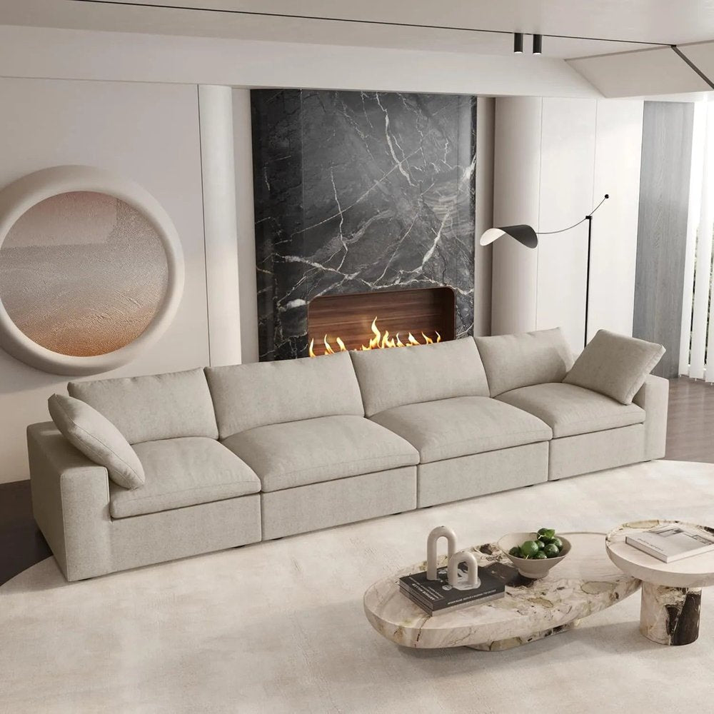 160" Khaki Linen Blend Modular Sofa With Toss Pillows HomeRoots