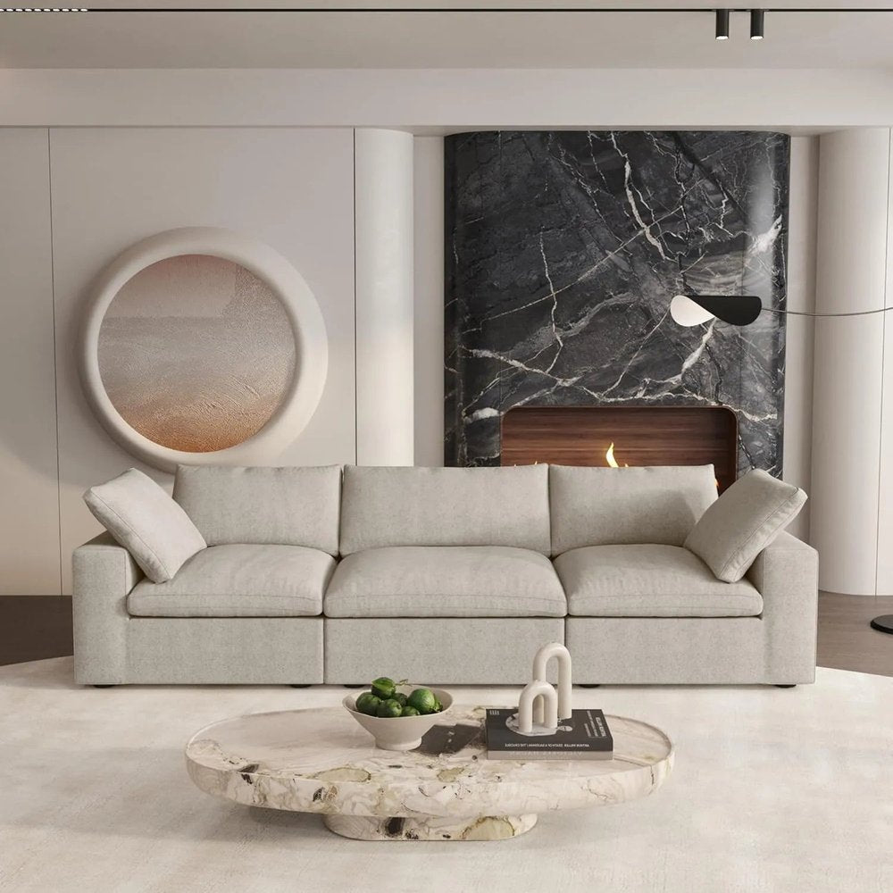 120" Khaki Linen Blend Modular Sofa With Toss Pillows HomeRoots