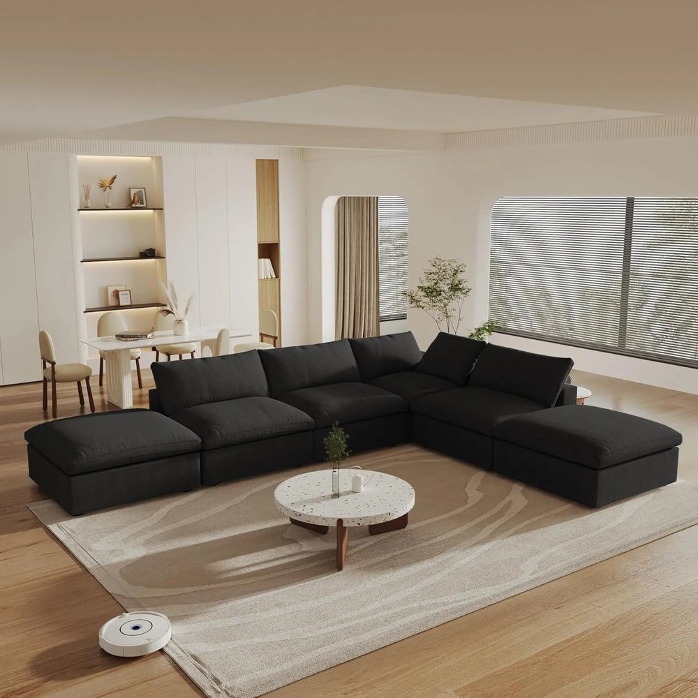 160" Black Linen Blend Modular Armless Sofa With Ottomans And Storage HomeRoots