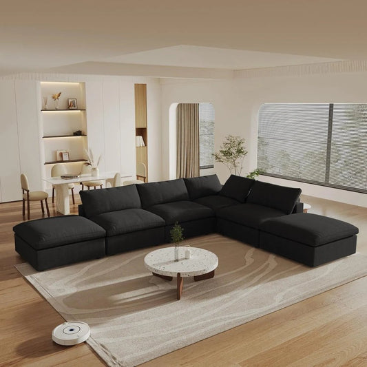 160" Black Linen Blend Modular Armless Sofa With Ottomans And Storage HomeRoots