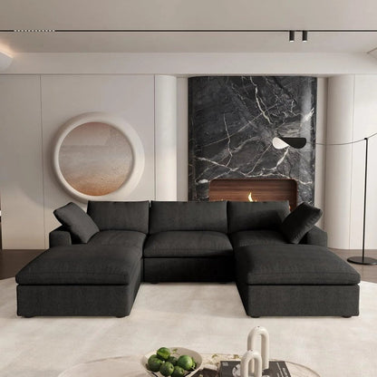 120" Black Linen Blend Modular Sofa With Ottomans Toss Pillows And Storage HomeRoots
