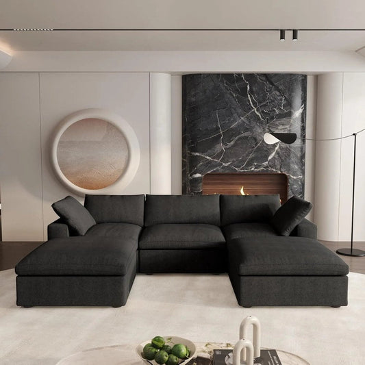 120" Black Linen Blend Modular Sofa With Ottomans Toss Pillows And Storage HomeRoots